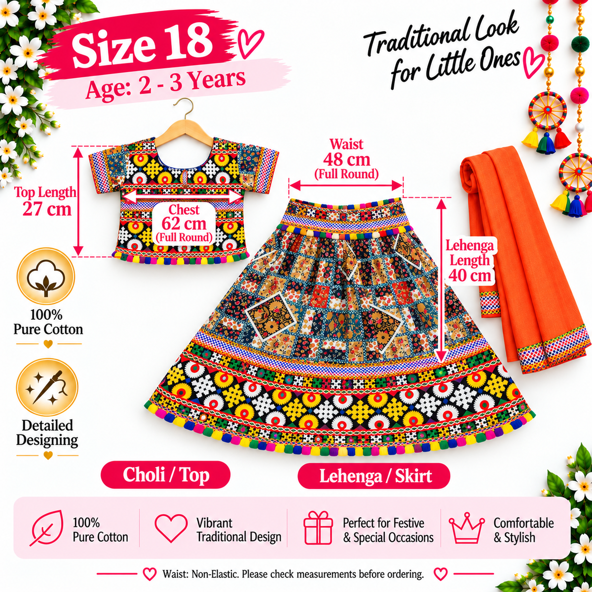 Girls Multicolor Patchwork Pure Cotton Lehenga Choli Set with Orange Dupatta