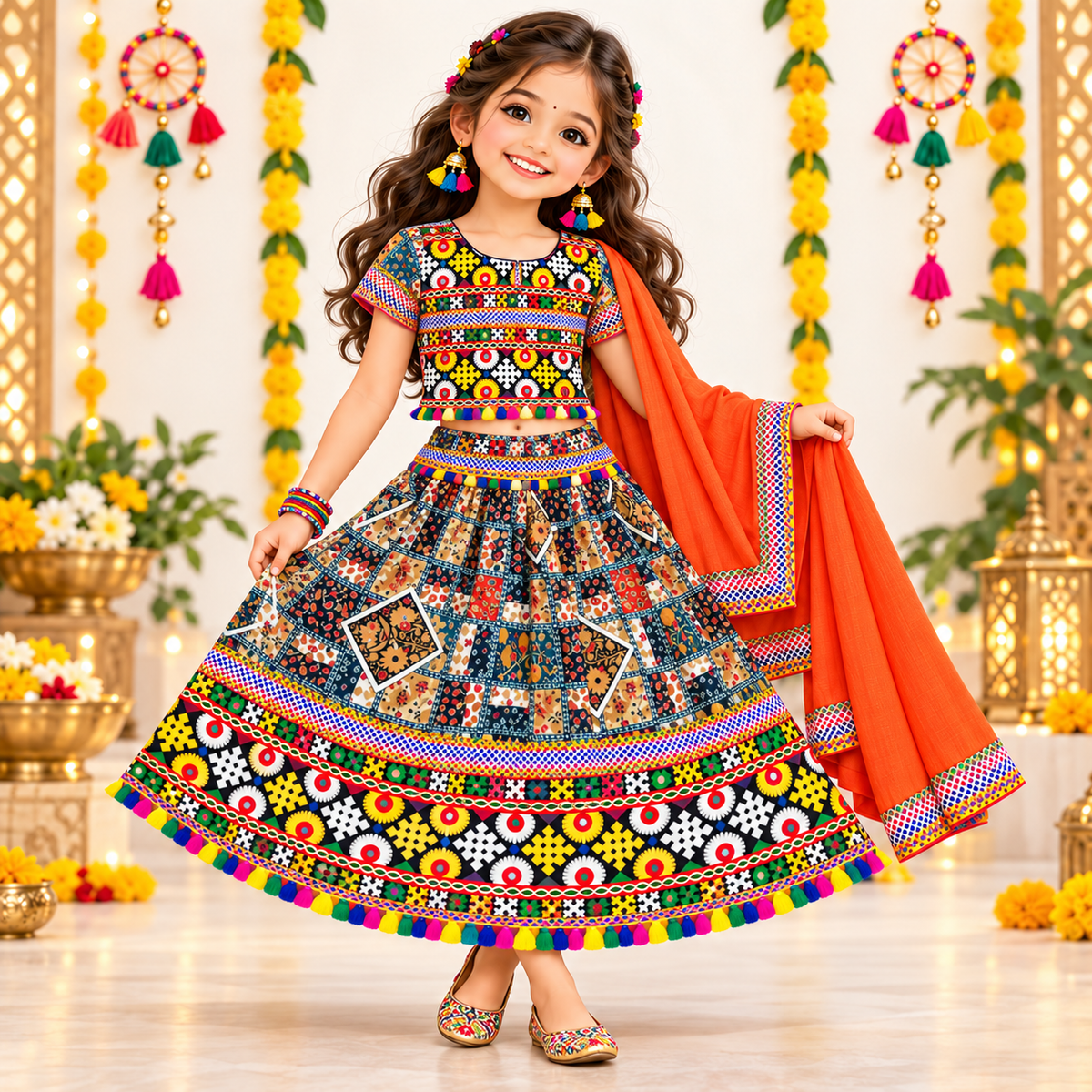 Girls Multicolor Patchwork Pure Cotton Lehenga Choli Set with Orange Dupatta