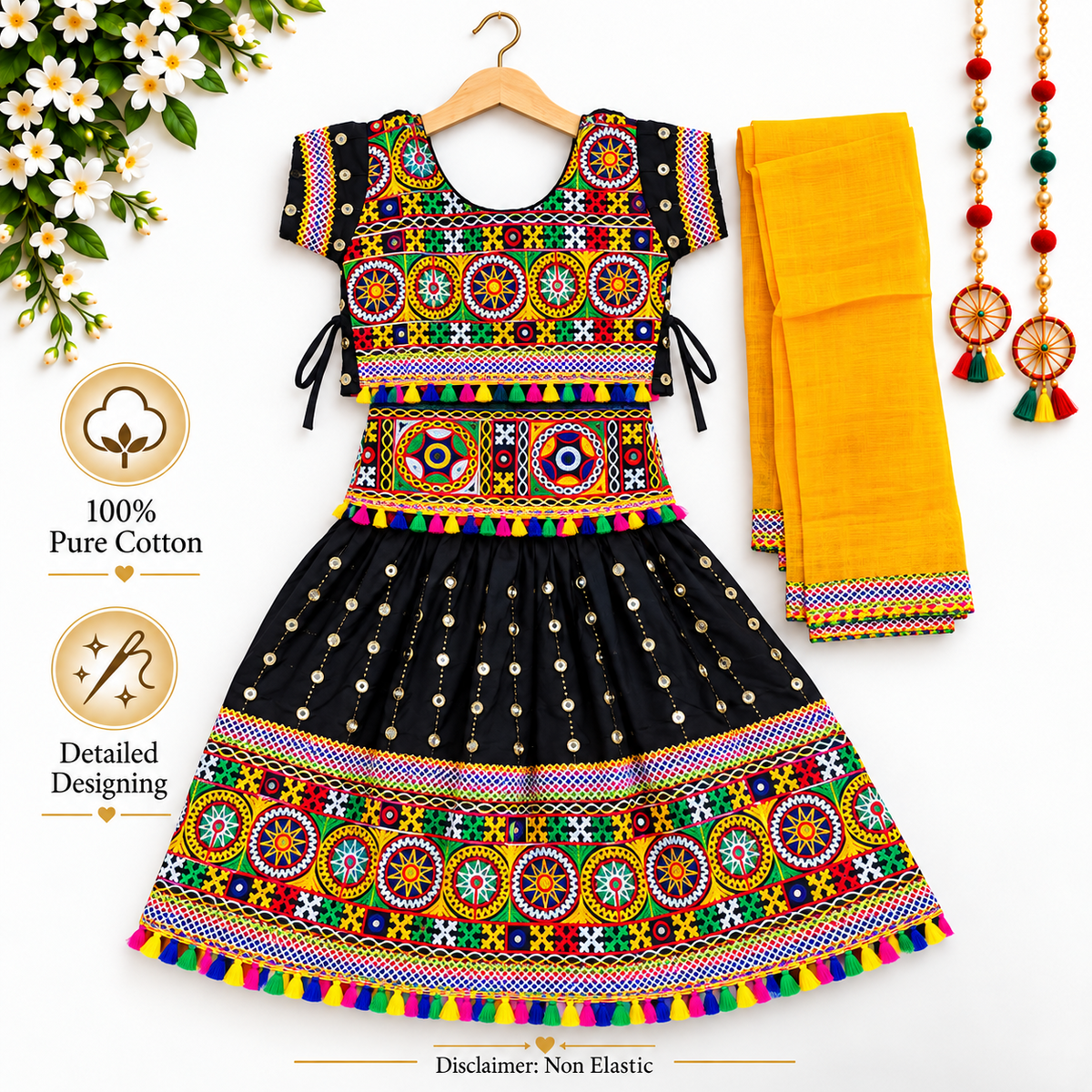 Girls Black Traditional Lehenga Choli Set with Yellow Dupatta – 100% Pure Cotton Festive Wear
