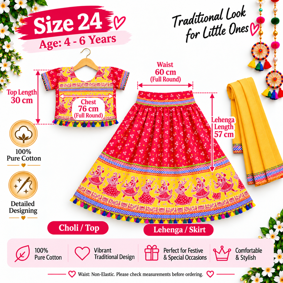 Girls Red & Yellow Pure Cotton Garba Lehenga Choli Set with Yellow Dupatta