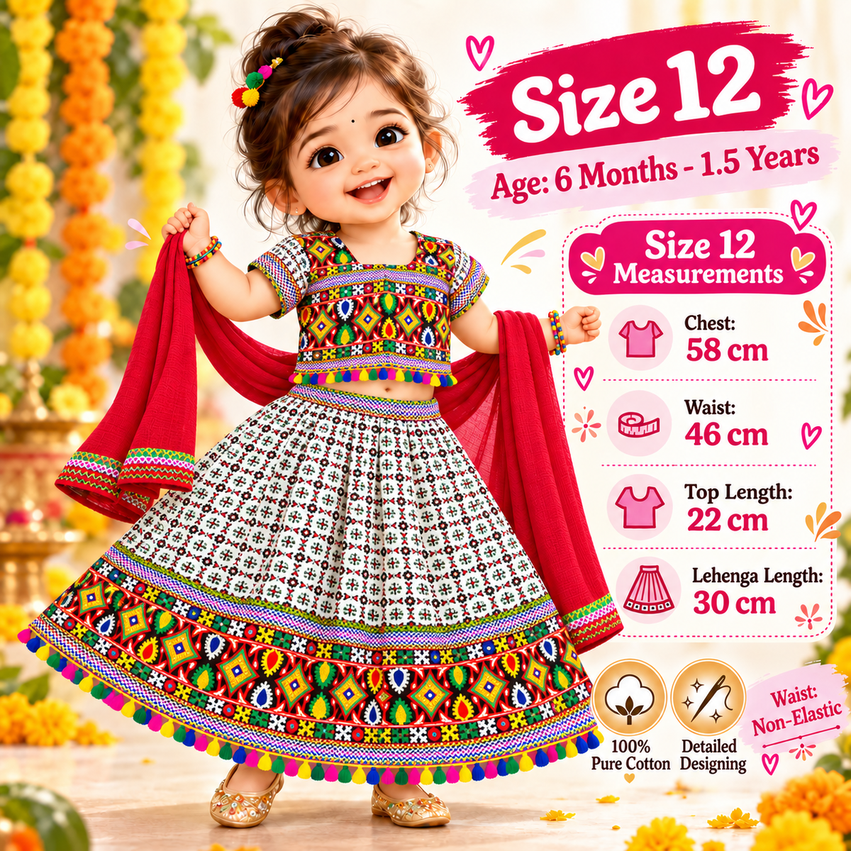 Girls White Multicolor Pure Cotton Garba Lehenga Choli Set with Red Dupatta
