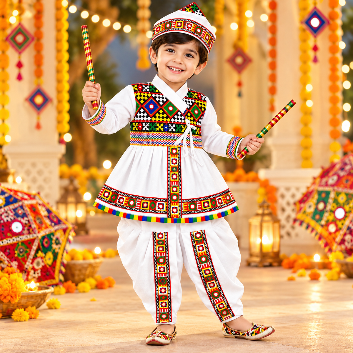 Premium Boys Traditional White Kutchi Embroidered Dhoti Kurta Set with Cap – 100% Cotton