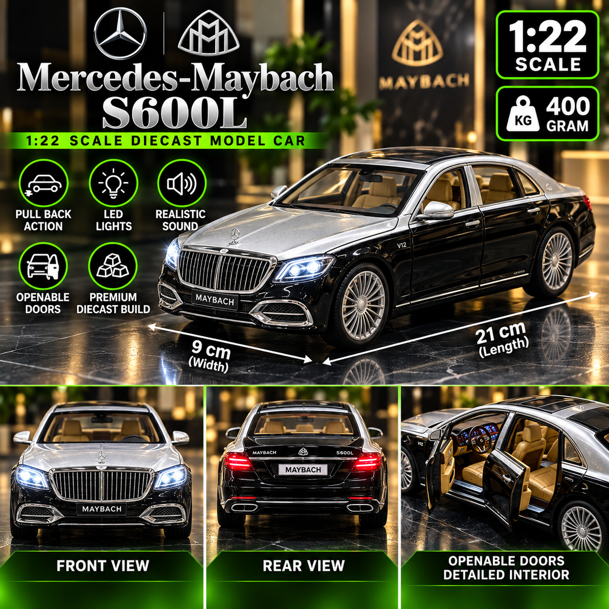 Mercedes-Maybach S600L V12 Diecast Car ā 1:22 Scale | Luxury Sedan | Lights & Sound