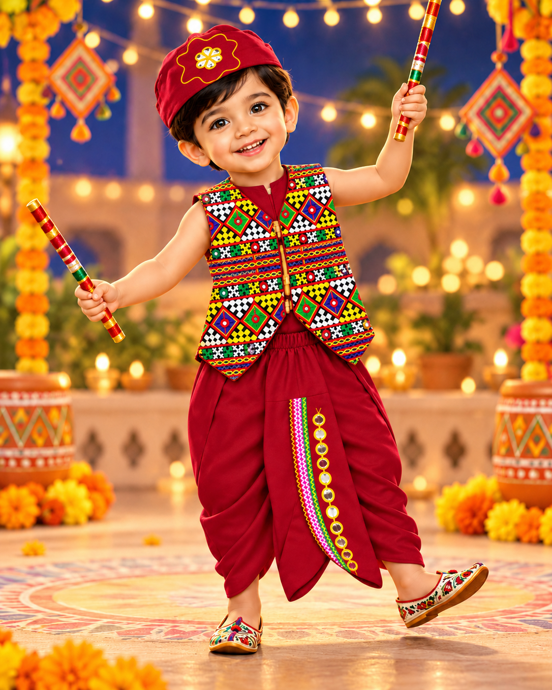 Boys Maroon Traditional Kutchi Embroidered Jacket Dhoti Set with Cap – 100% Cotton