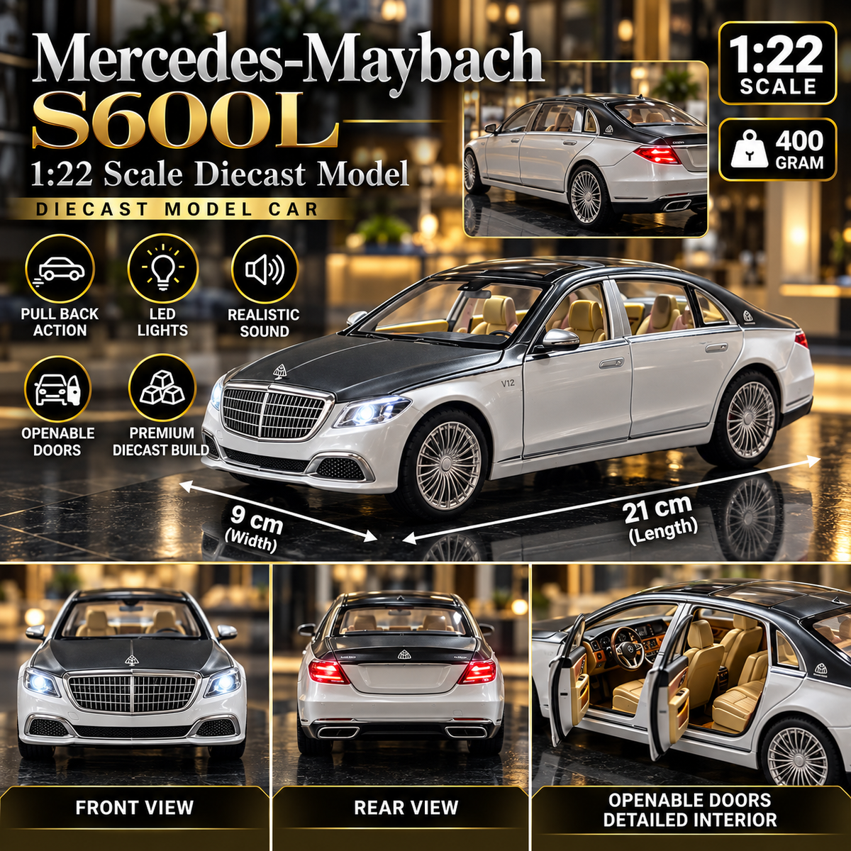 Mercedes-Maybach S600L V12 Diecast Car ā 1:22 Scale | Luxury Sedan | Lights & Sound