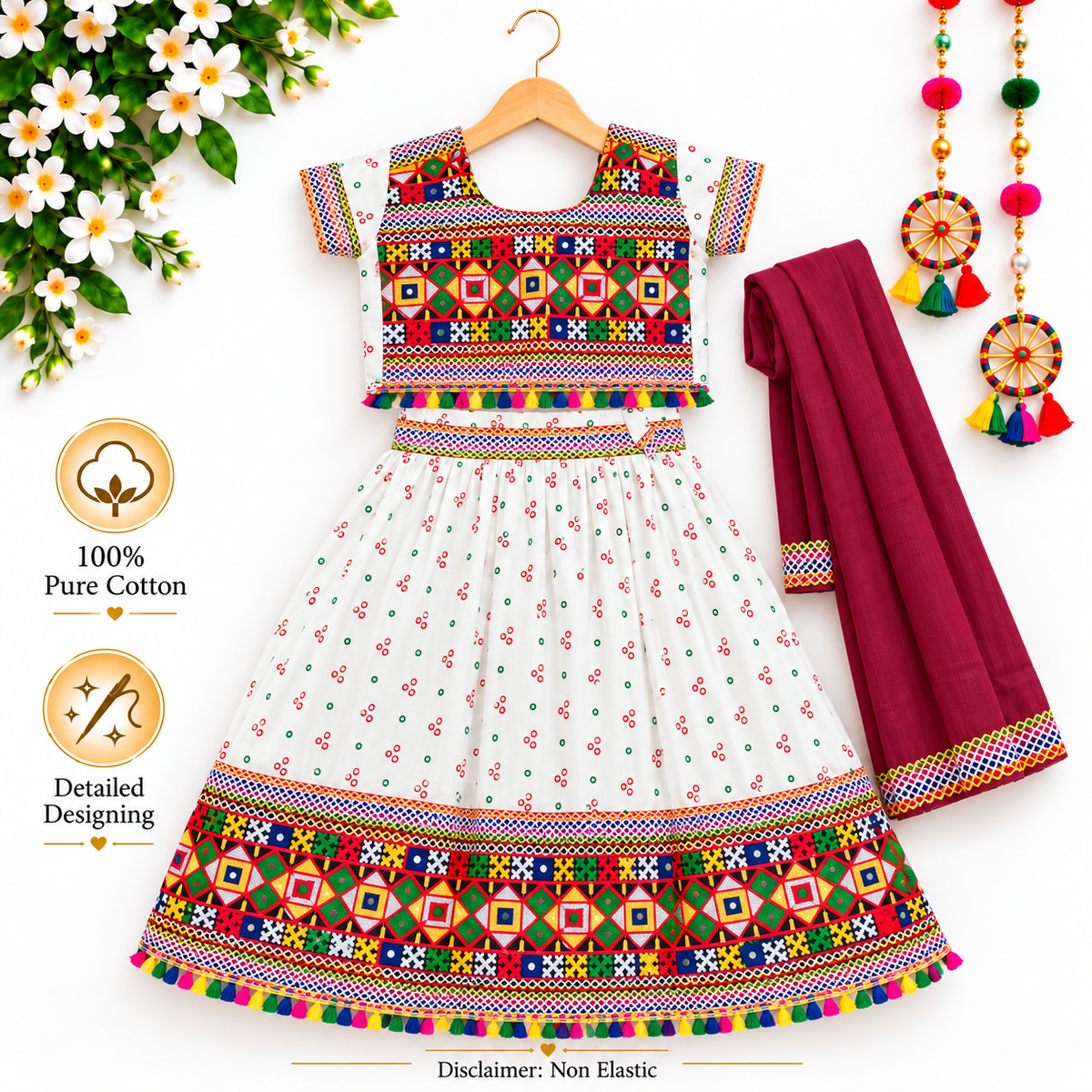 Girls White Pure Cotton Ghagra Choli Set with Maroon Dupatta – Traditional Navratri Lehenga