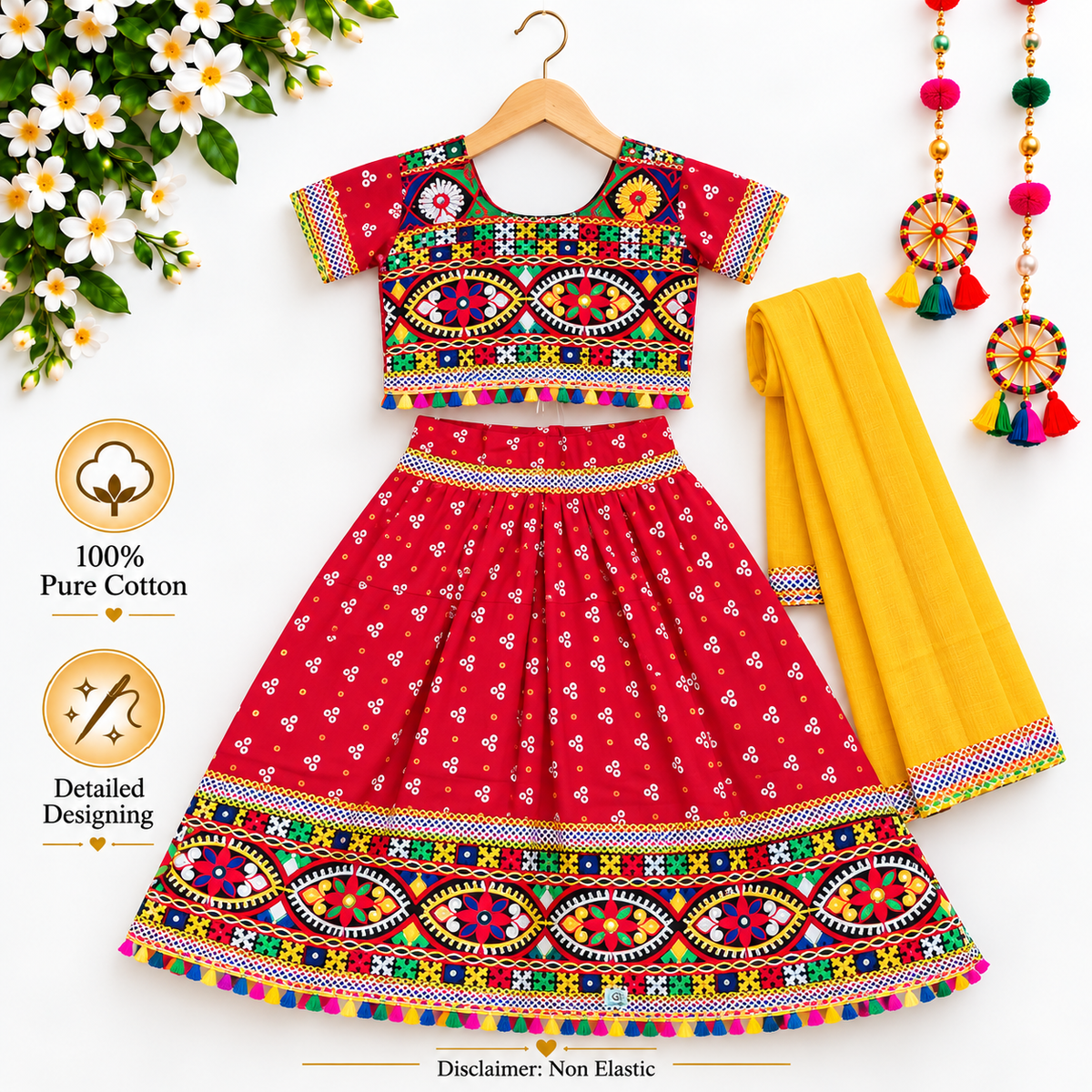 Girls Red Pure Cotton Ghagra Choli Set with Yellow Dupatta – Traditional Navratri Lehenga