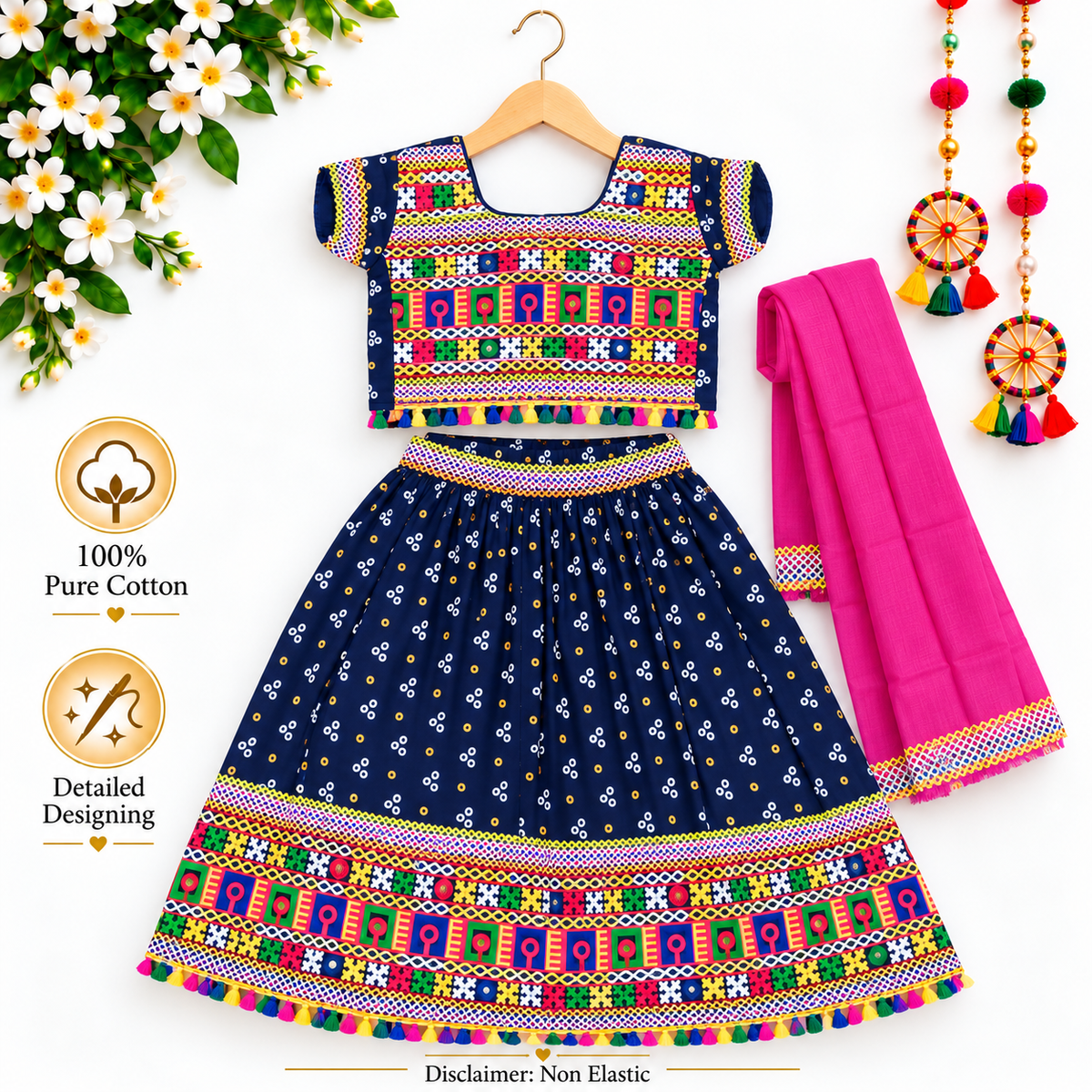 Girls Navy Blue Pure Cotton Ghagra Choli Set with Pink Dupatta – Traditional Navratri Lehenga