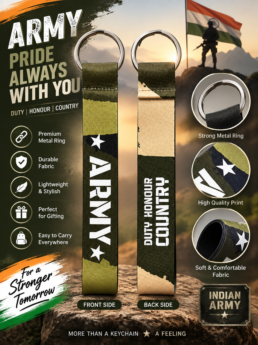 Army Camouflage Keychain Band | Front & Back Printed Wrist Strap