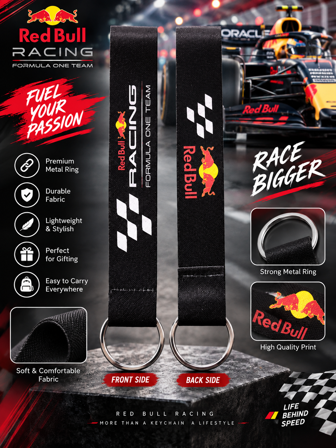 Racing Keychain Band | Formula 1 Inspired Front & Back Printed Wrist Strap