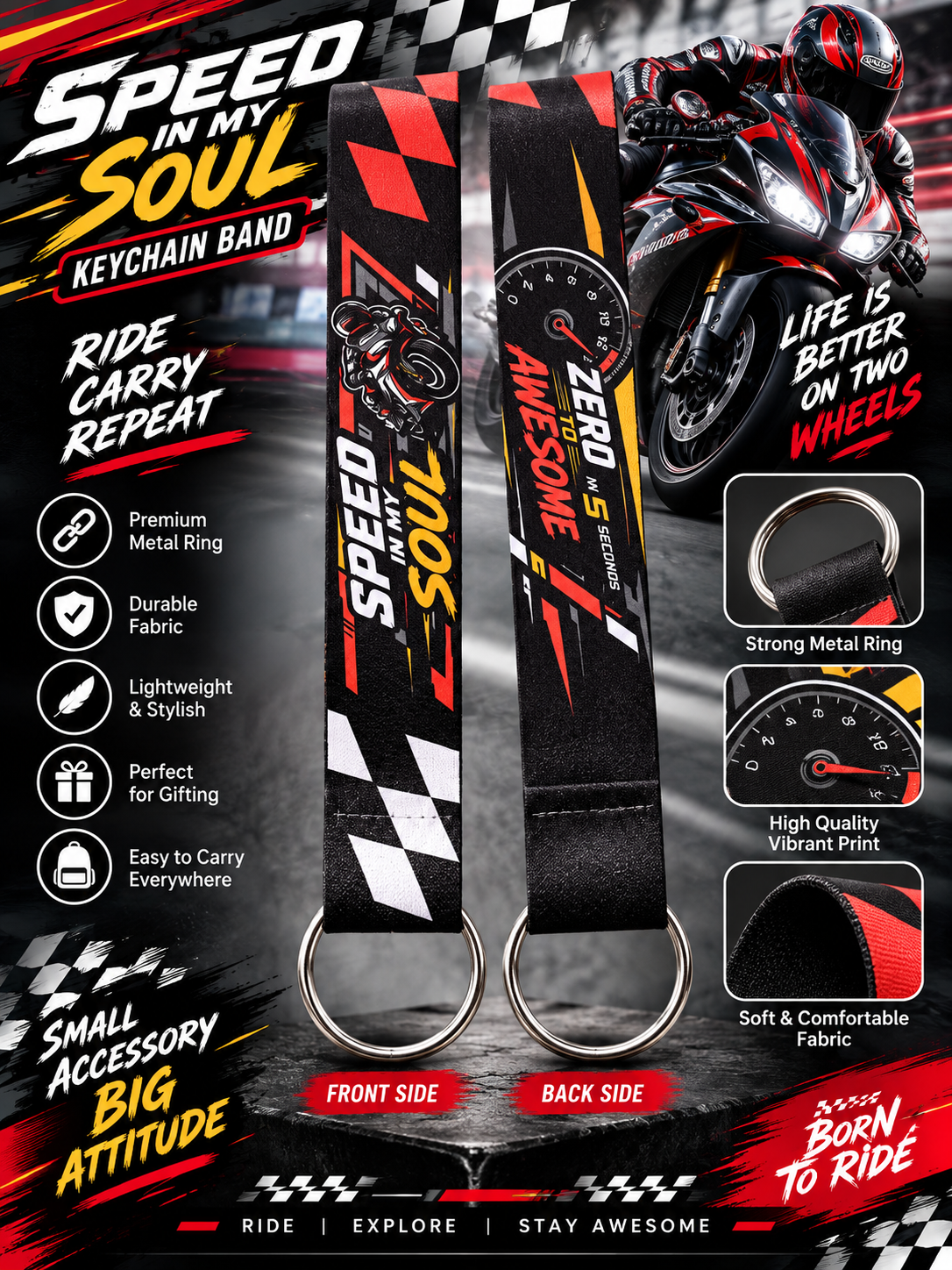 Motorcycle Racing Keychain Wrist Strap – Front & Back Printed Band