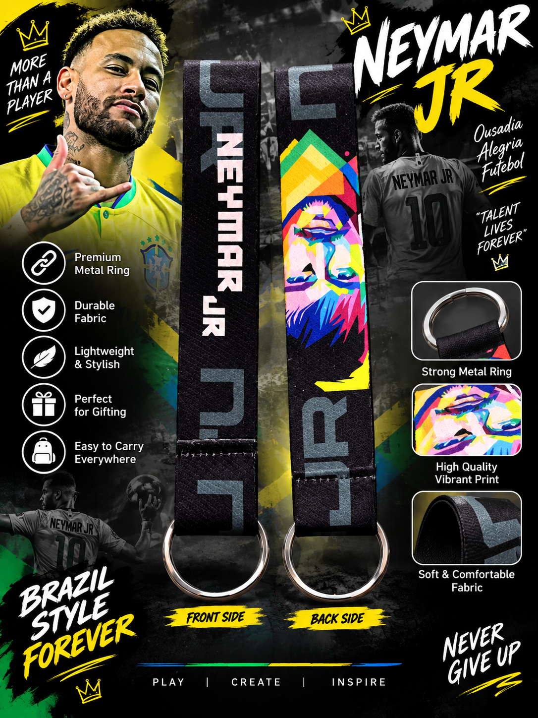 Neymar Jr Keychain Band | Football Fan Wrist Strap – Front & Back Print