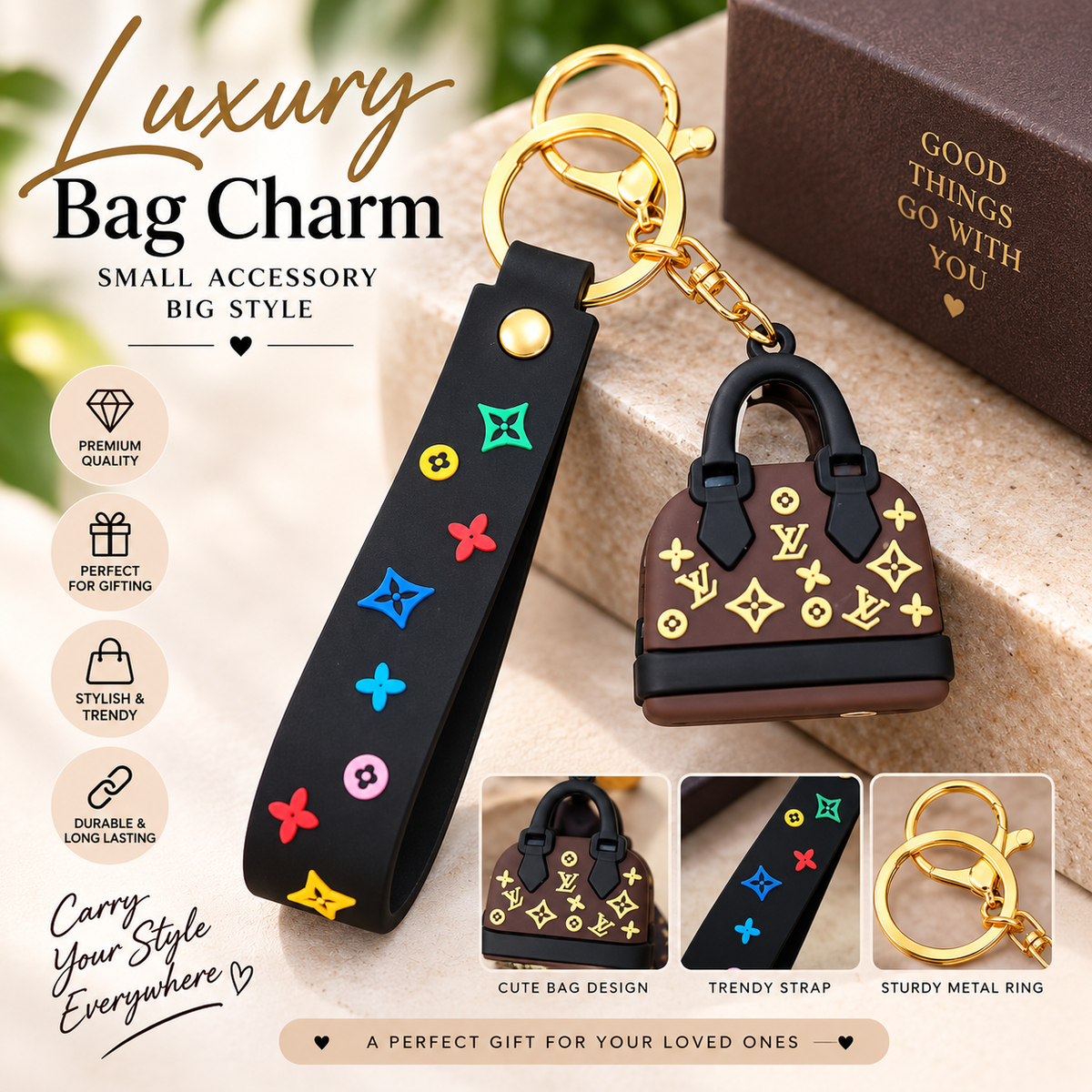 Premium Fashion Bag Charm & Keychain Set – Stylish Handbag Pendant with Decorative Strap