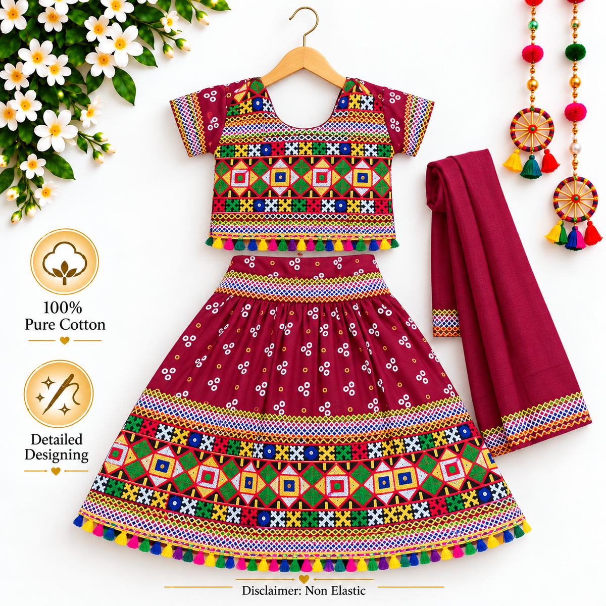 Girls Maroon Pure Cotton Ghagra Choli Set with Matching Dupatta – Traditional Navratri Lehenga