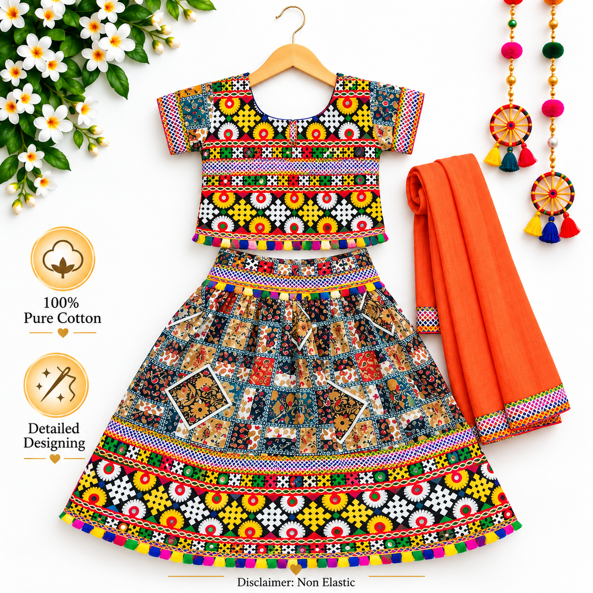 Girls Multicolor Patchwork Pure Cotton Lehenga Choli Set with Orange Dupatta