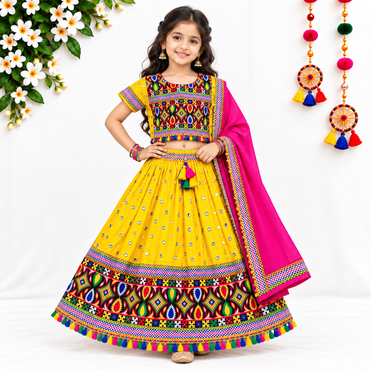 Girls Yellow Multicolor Mirror Work Pure Cotton Lehenga Choli Set with Pink Dupatta