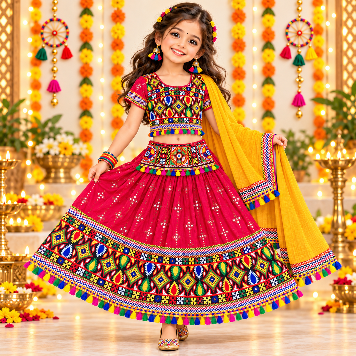 Girls Red Traditional Lehenga Choli Set with Mustard Yellow Dupatta – 100% Pure Cotton
