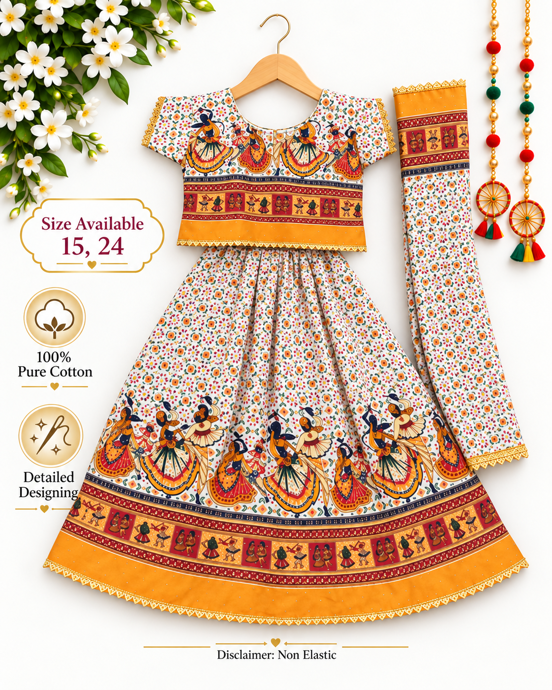 Kesari Orange Folk Dance Print Navratri Lehenga Choli Set for Girls