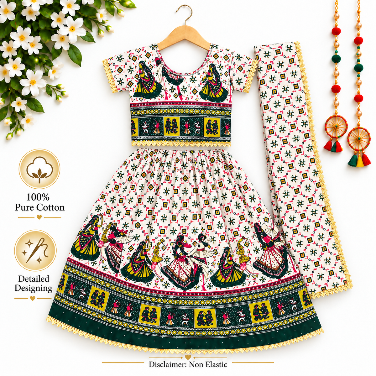 Emerald Green Folk Print Navratri Lehenga Choli Set for Girls