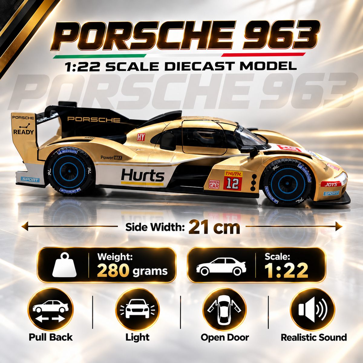Porsche 963 Hypercar Diecast Model β Metallic Gold | 1:22 Scale | Lights & Sound