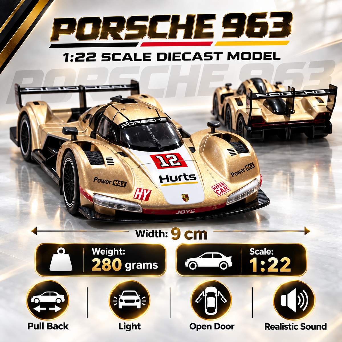 Porsche 963 Hypercar Diecast Model β Metallic Gold | 1:22 Scale | Lights & Sound