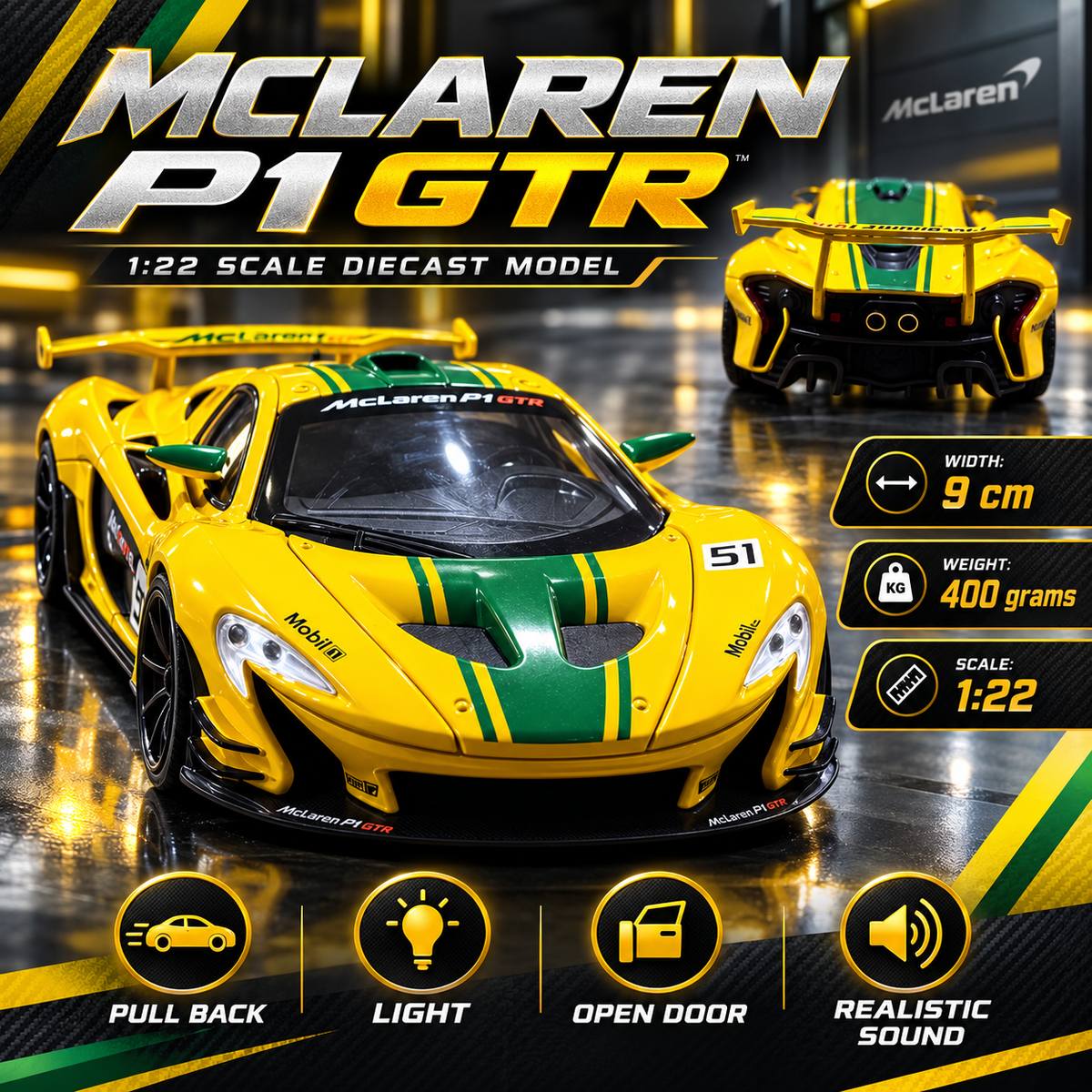 McLaren P1 GTR Diecast Car ā Racing | 1:22 Scale | Lights & Sound