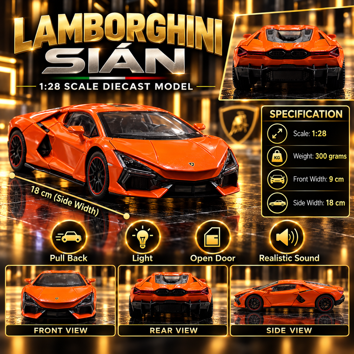 Lamborghini Supercar 1:28 Diecast Model Car – Orange & Pearl White | Lights, Sound & Pull Back