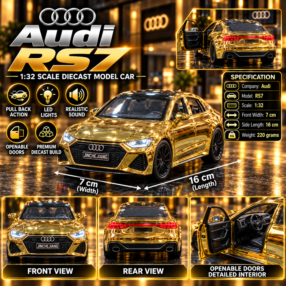 Audi RS7 | 1:32 Diecast Model Car with Light, Sound & Pull Back