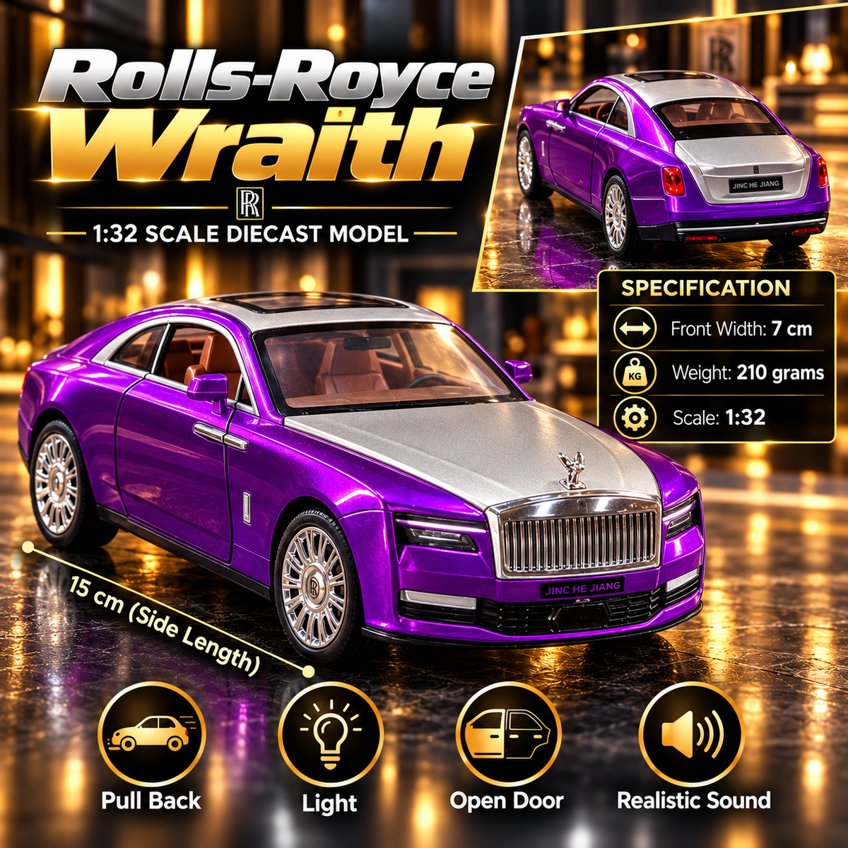 Rolls-Royce Wraith 1:32 Diecast Model Car β Metallic Purple & Silver | Light, Sound & Pull Back