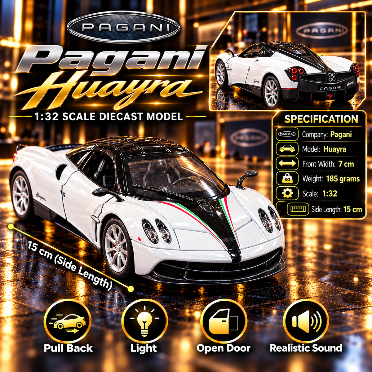 Pagani Huayra 1:32 Premium Diecast Model Car | Pull Back, Light & Sound | Openable Doors