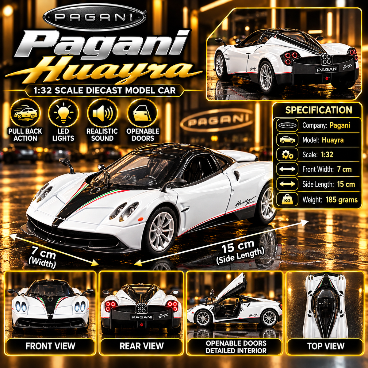 Pagani Huayra 1:32 Premium Diecast Model Car | Pull Back, Light & Sound | Openable Doors