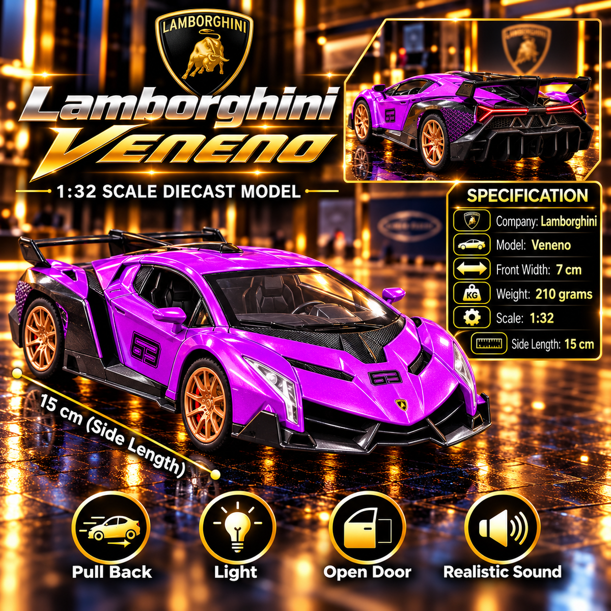 Lamborghini Veneno 1:32 Premium Diecast Model Car | Pull Back, Light & Sound | Openable Doors