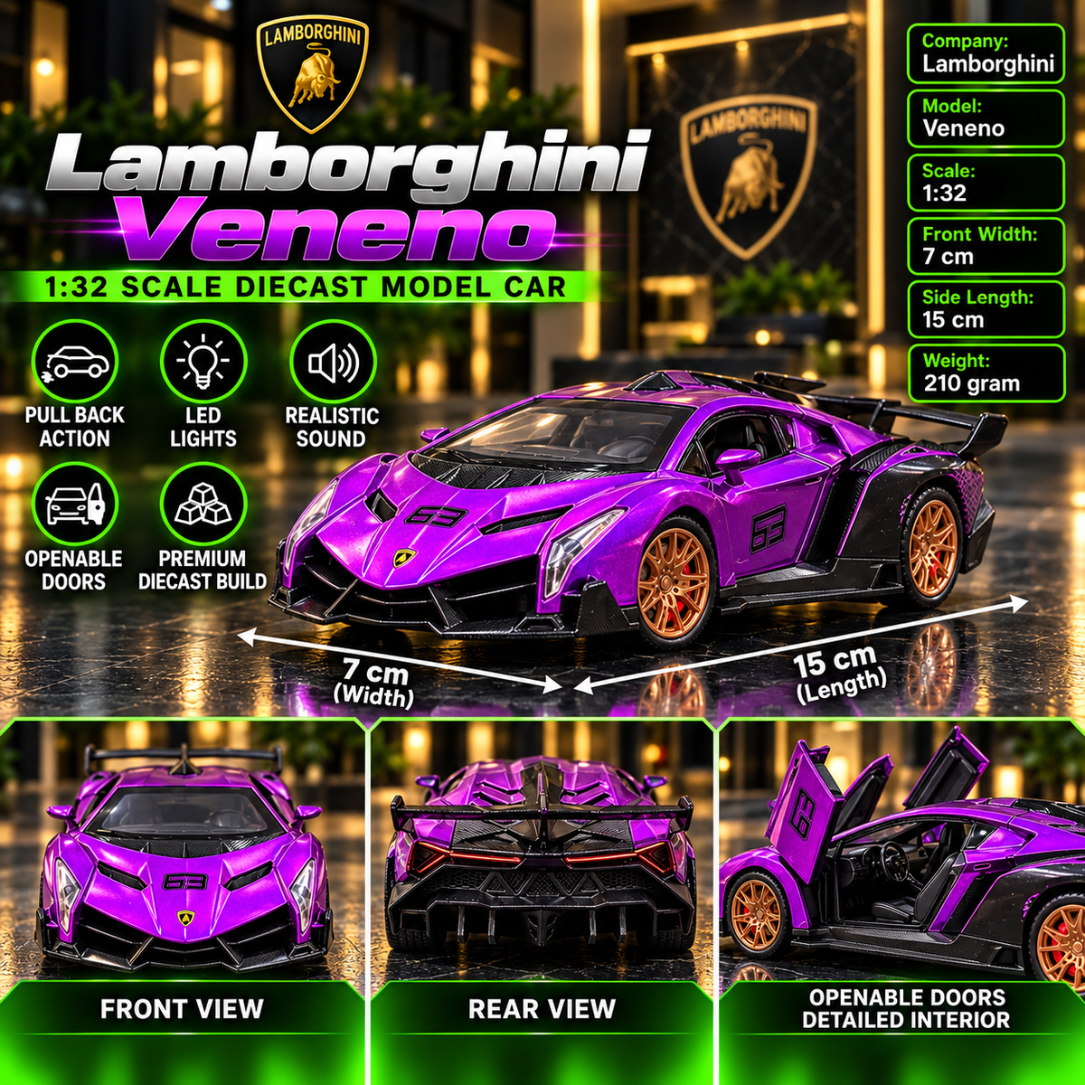 Lamborghini Veneno 1:32 Premium Diecast Model Car | Pull Back, Light & Sound | Openable Doors