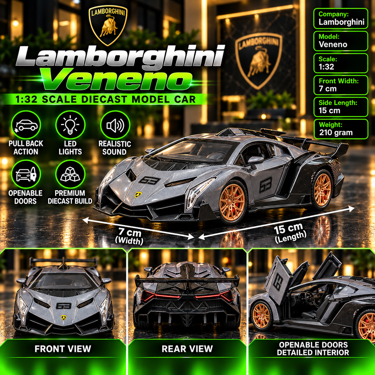 Lamborghini Veneno 1:32 Premium Diecast Model Car | Pull Back, Light & Sound | Openable Doors
