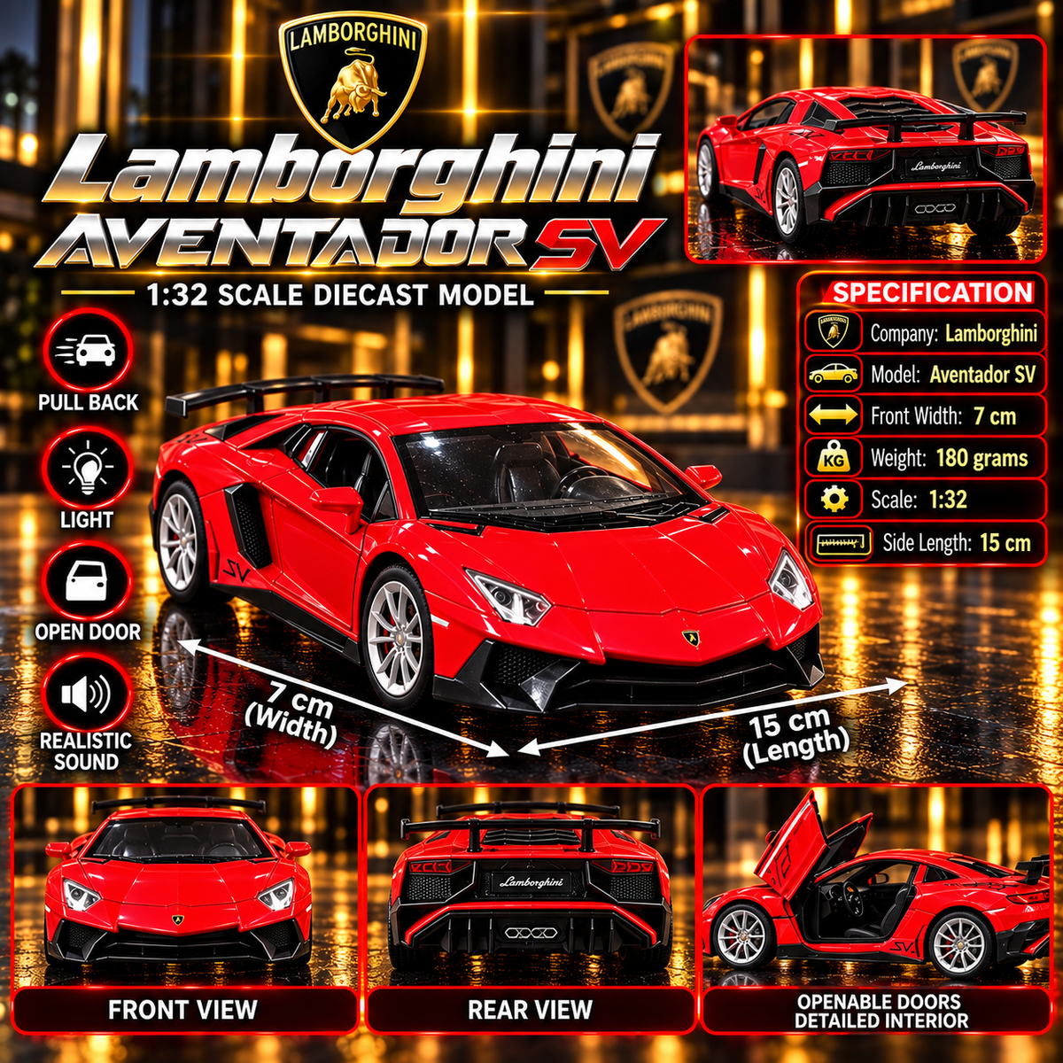 Lamborghini Aventador SV 1:32 Premium Diecast Model Car | Pull Back, Light & Sound, Openable Doors