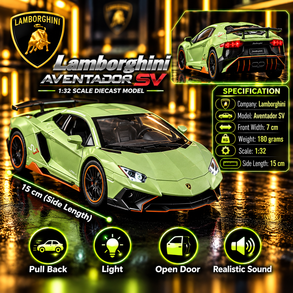 Lamborghini Aventador SV 1:32 Premium Diecast Model Car | Pull Back, Light & Sound, Openable Doors