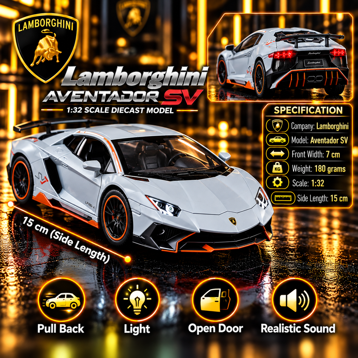 Lamborghini Aventador SV 1:32 Premium Diecast Model Car | Pull Back, Light & Sound, Openable Doors
