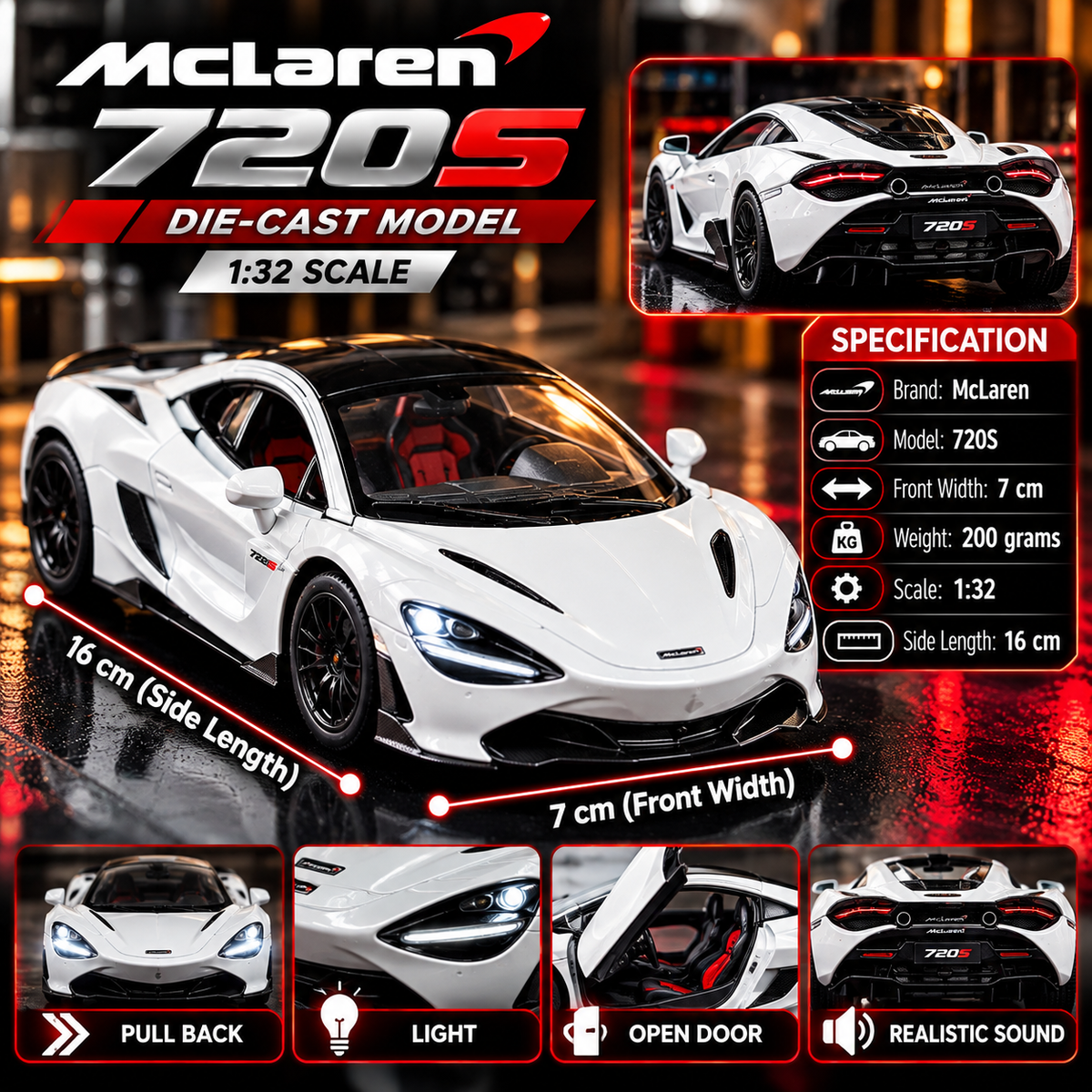 McLaren 720S 1:32 Scale Die-Cast Model Car – White | Pull Back, Lights, Open Doors & Sound