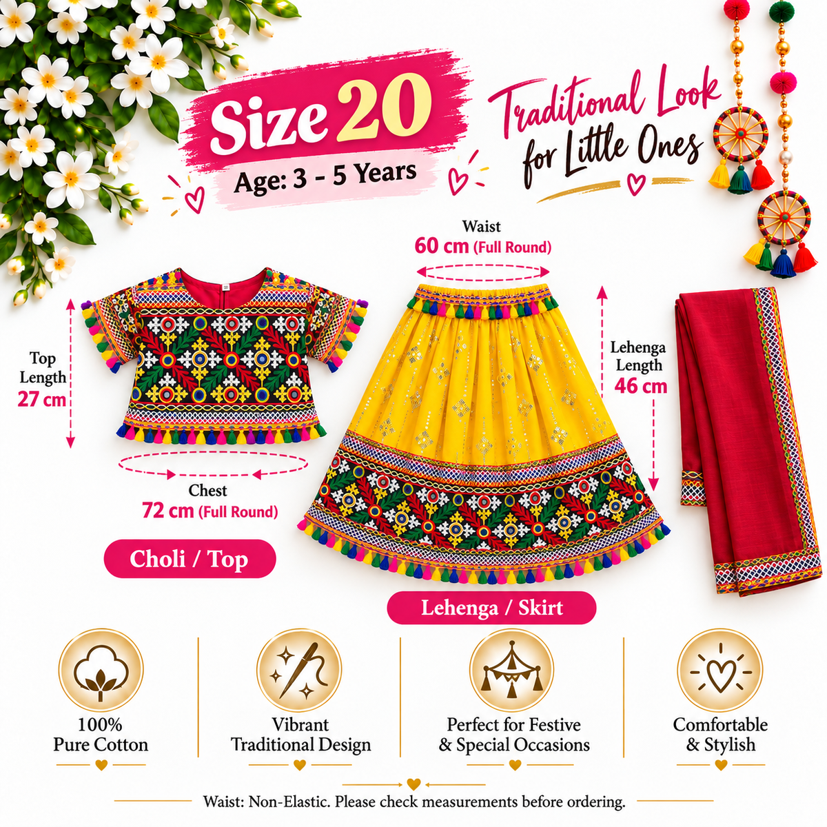 Girls Yellow Traditional Lehenga Choli Set with Red Dupatta – 100% Pure Cotton Festive Wear
