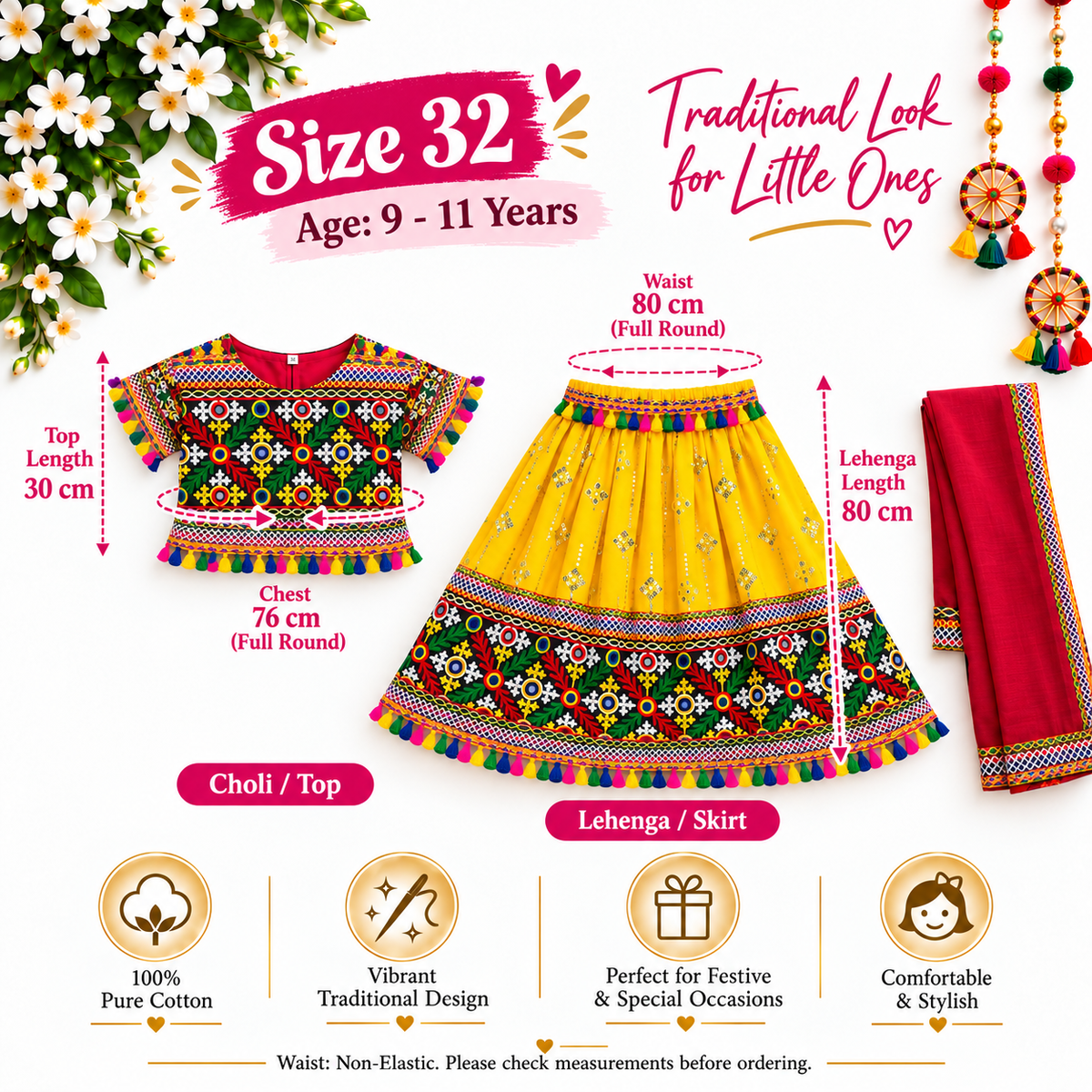 Girls Yellow Traditional Lehenga Choli Set with Red Dupatta – 100% Pure Cotton Festive Wear