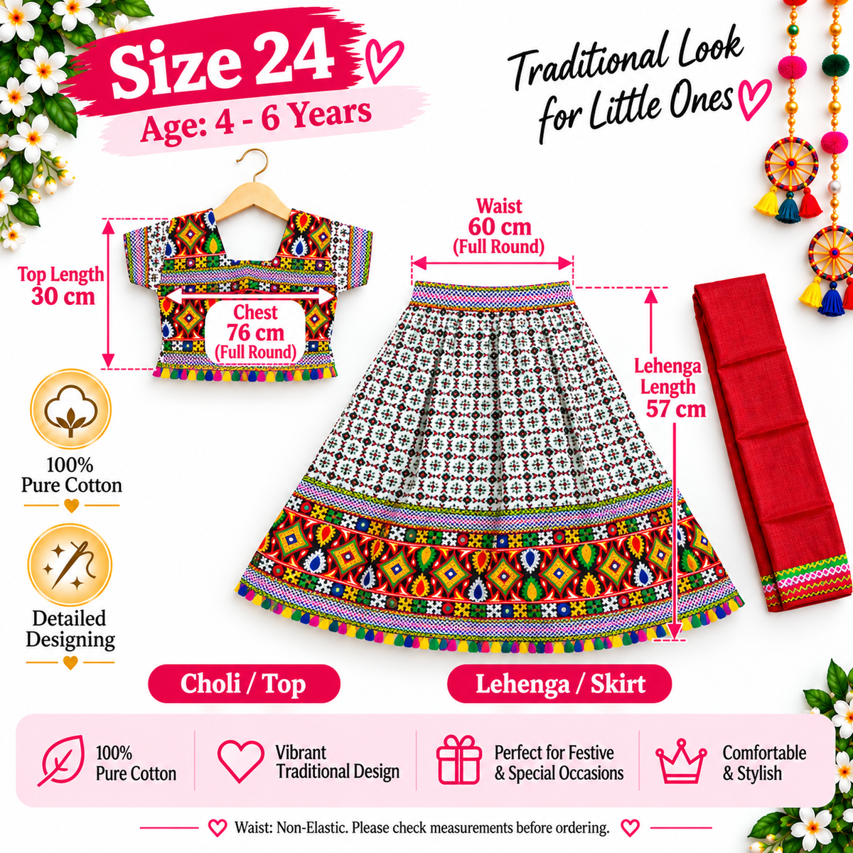 Girls White Multicolor Pure Cotton Garba Lehenga Choli Set with Red Dupatta