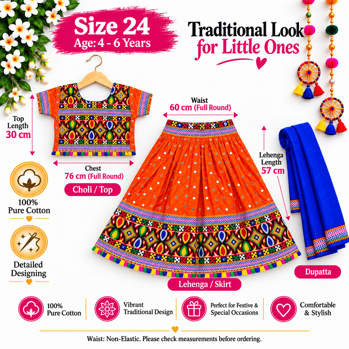 Girls Orange Multicolor Pure Cotton Garba Lehenga Choli Set with Royal Blue Dupatta