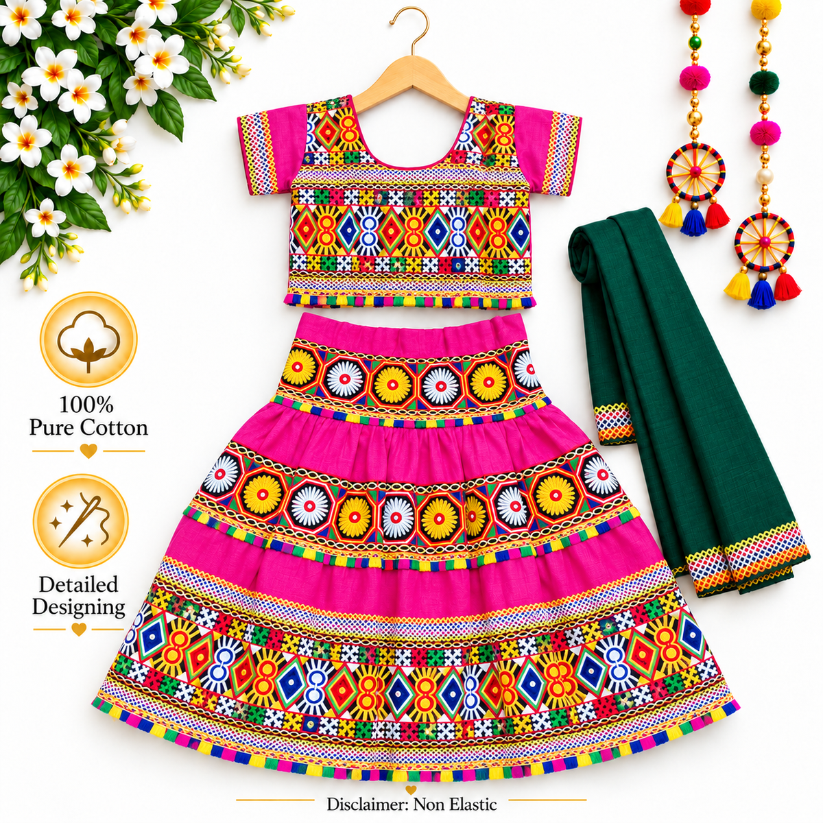 Girls Pink Traditional Cotton Lehenga Choli Set with Green Dupatta