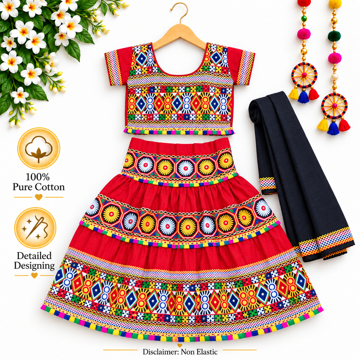 Girls Red Traditional Cotton Lehenga Choli Set with Black Dupatta