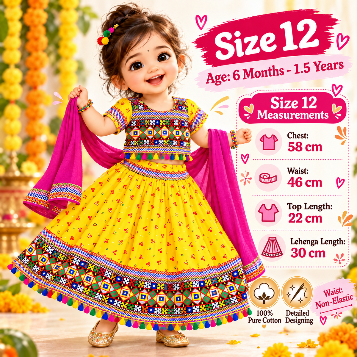 Girls Yellow Pure Cotton Ghagra Choli Set with Rani Pink Dupatta – Traditional Navratri Lehenga