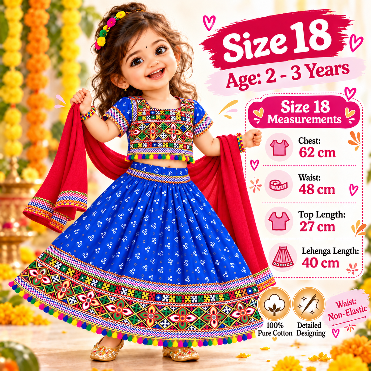 Girls Royal Blue Pure Cotton Ghagra Choli Set with Red Dupatta – Traditional Navratri Lehenga