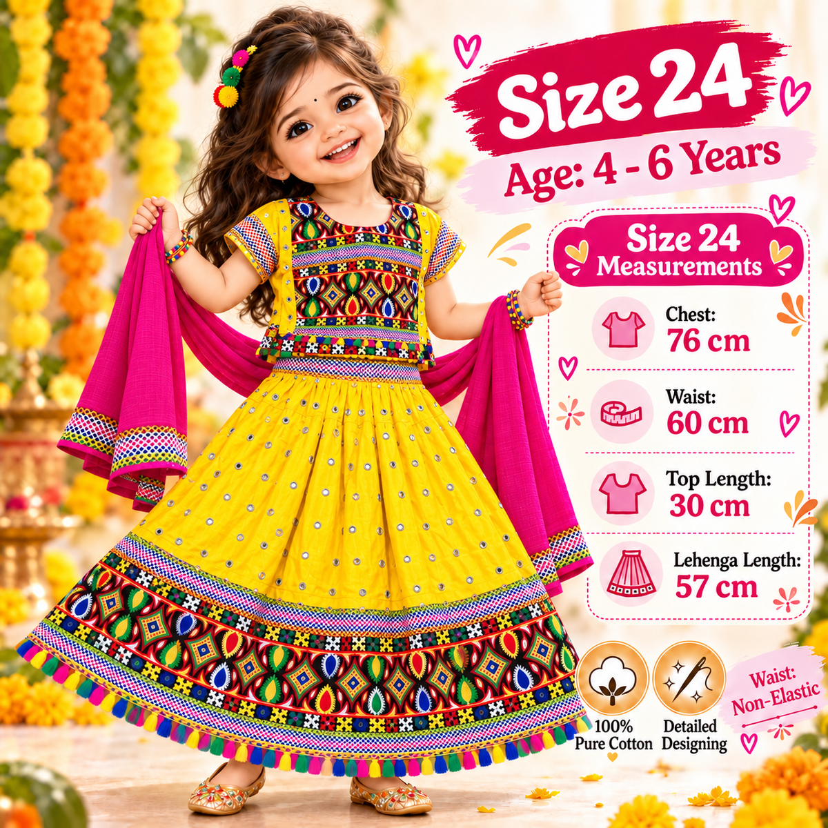 Girls Yellow Multicolor Mirror Work Pure Cotton Lehenga Choli Set with Pink Dupatta