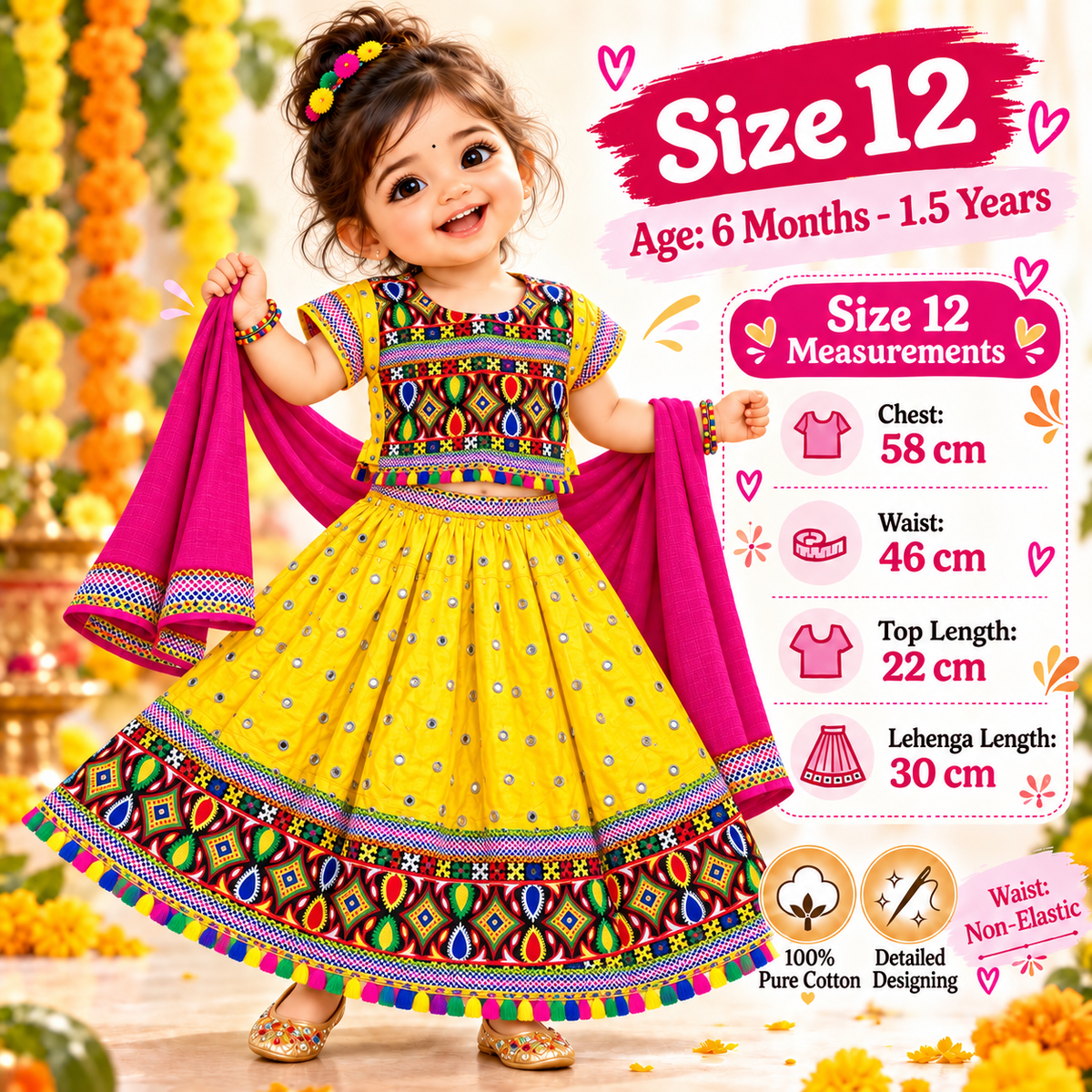 Girls Yellow Multicolor Mirror Work Pure Cotton Lehenga Choli Set with Pink Dupatta