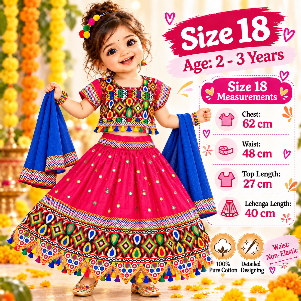 Girls Pink Multicolor Pure Cotton Mirror Work Lehenga Choli Set with Blue Dupatta