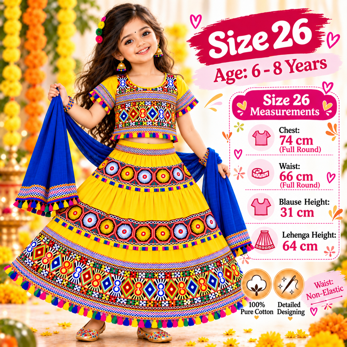 Girls Yellow Traditional Cotton Lehenga Choli Set with Blue Dupatta